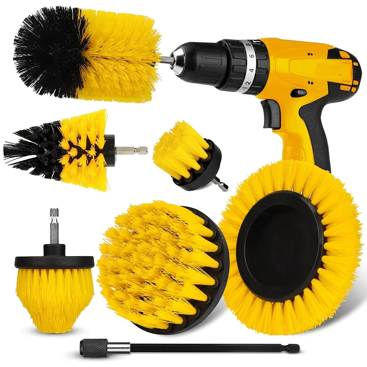 7-Piece Drill Brush Attachment Set – Multi-Purpose Cleaning Tool Kit with Extension Pole for Automotive & Floor Use