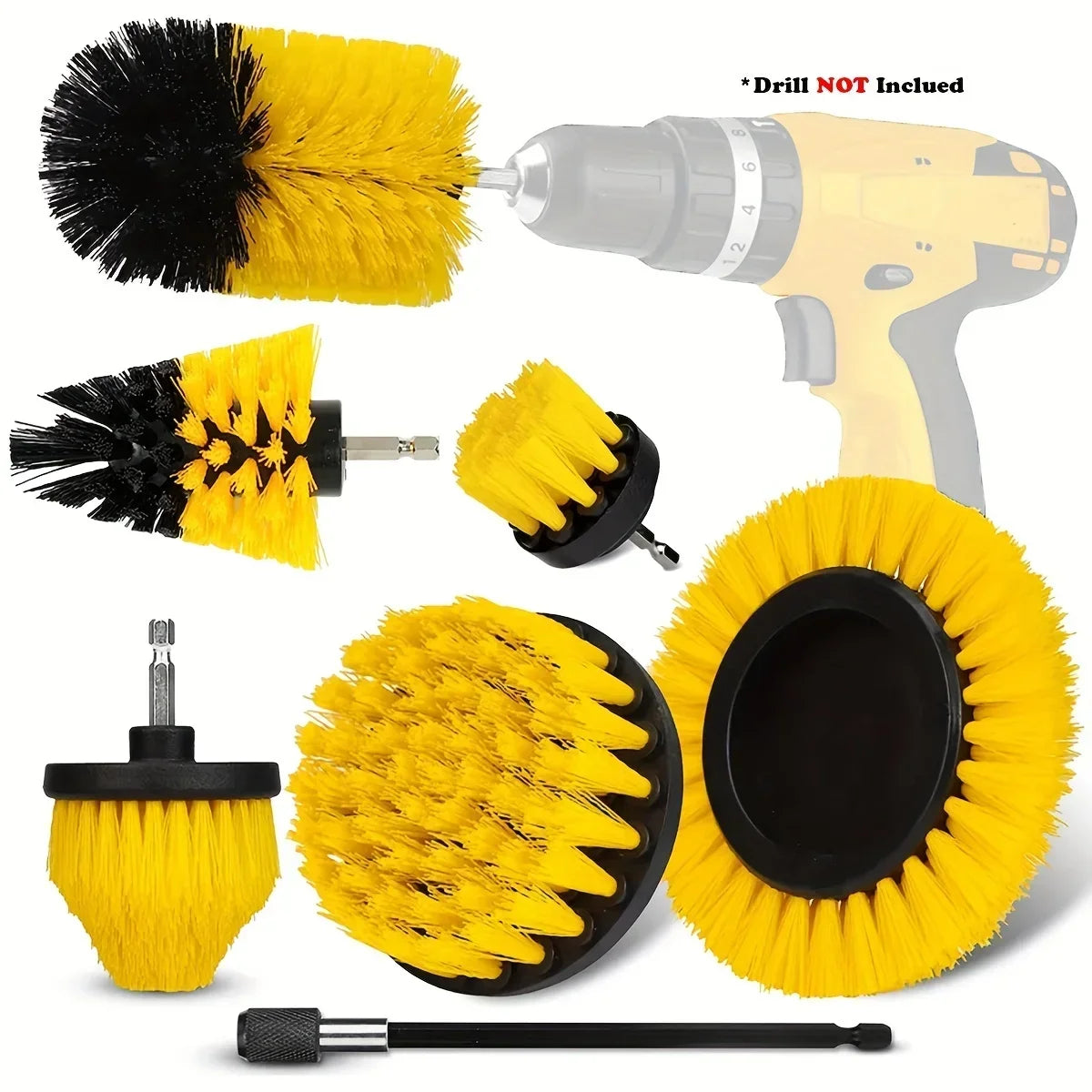 7-Piece Drill Brush Attachment Set – Multi-Purpose Cleaning Tool Kit with Extension Pole for Automotive & Floor Use